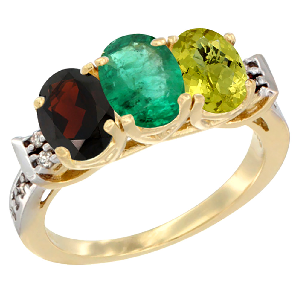 14K Yellow Gold Natural Garnet, Emerald &amp; Lemon Quartz Ring 3-Stone 7x5 mm Oval Diamond Accent, sizes 5 - 10