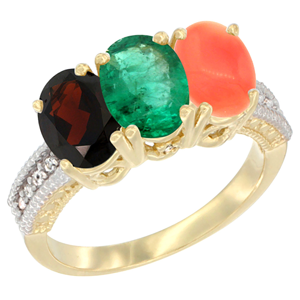 14K Yellow Gold Natural Garnet, Emerald & Coral Ring 3-Stone 7x5 mm Oval Diamond Accent, sizes 5 - 10