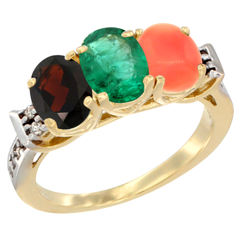 14K Yellow Gold Natural Garnet, Emerald &amp; Coral Ring 3-Stone 7x5 mm Oval Diamond Accent, sizes 5 - 10