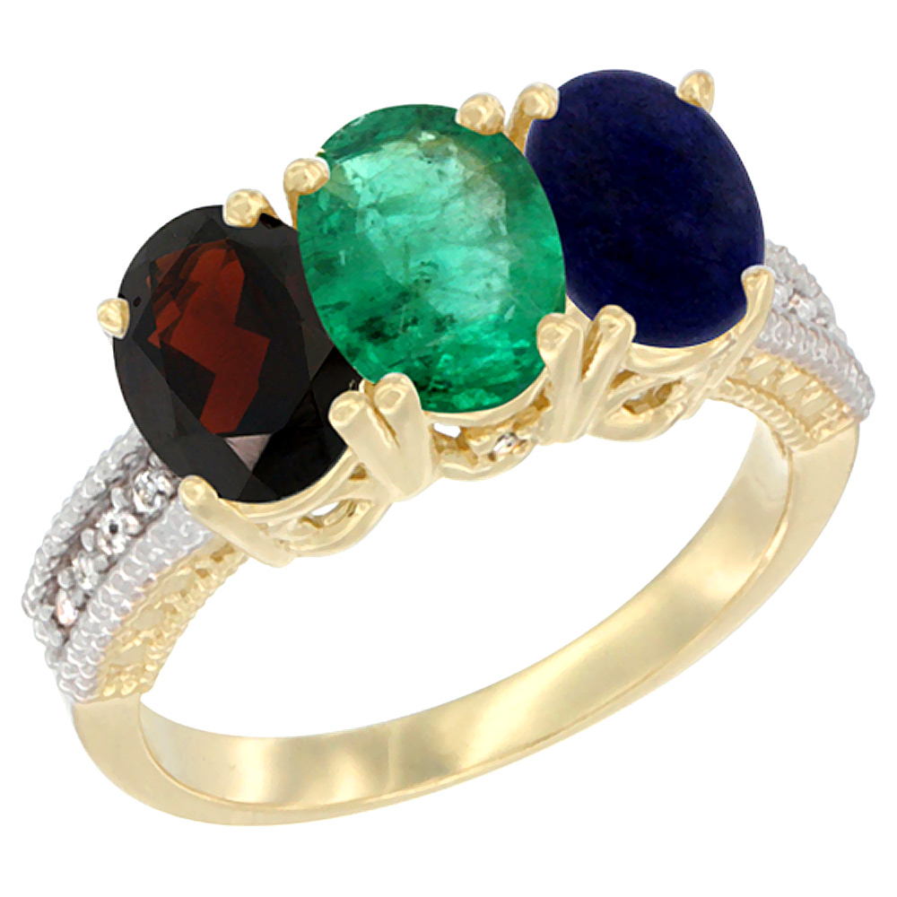 10K Yellow Gold Diamond Natural Garnet, Emerald & Lapis Ring 3-Stone 7x5 mm Oval, sizes 5 - 10