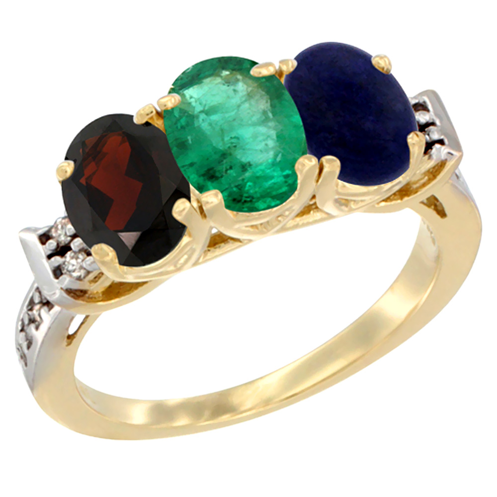 10K Yellow Gold Natural Garnet, Emerald & Lapis Ring 3-Stone Oval 7x5 mm Diamond Accent, sizes 5 - 10