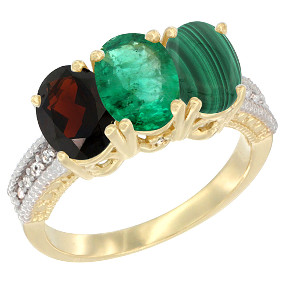 10K Yellow Gold Diamond Natural Garnet, Emerald & Malachite Ring 3-Stone 7x5 mm Oval, sizes 5 - 10