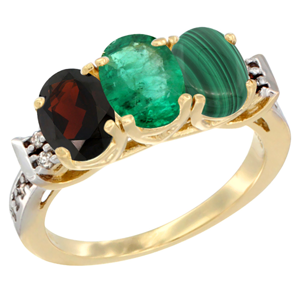 10K Yellow Gold Natural Garnet, Emerald & Malachite Ring 3-Stone Oval 7x5 mm Diamond Accent, sizes 5 - 10