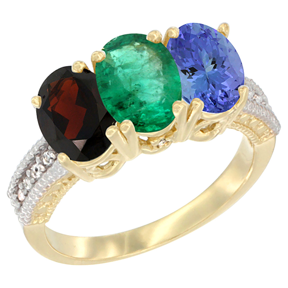 14K Yellow Gold Natural Garnet, Emerald &amp; Tanzanite Ring 3-Stone 7x5 mm Oval Diamond Accent, sizes 5 - 10