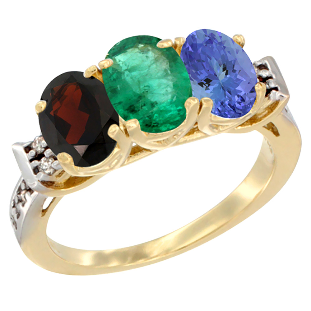 14K Yellow Gold Natural Garnet, Emerald & Tanzanite Ring 3-Stone 7x5 mm Oval Diamond Accent, sizes 5 - 10