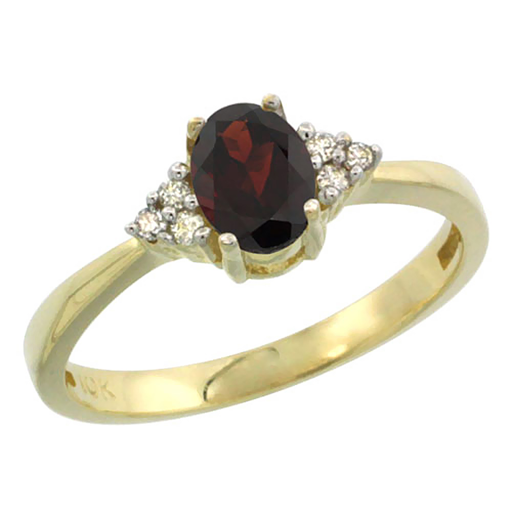 14K Yellow Gold Natural Garnet Ring Oval 6x4mm Diamond Accent, sizes 5-10