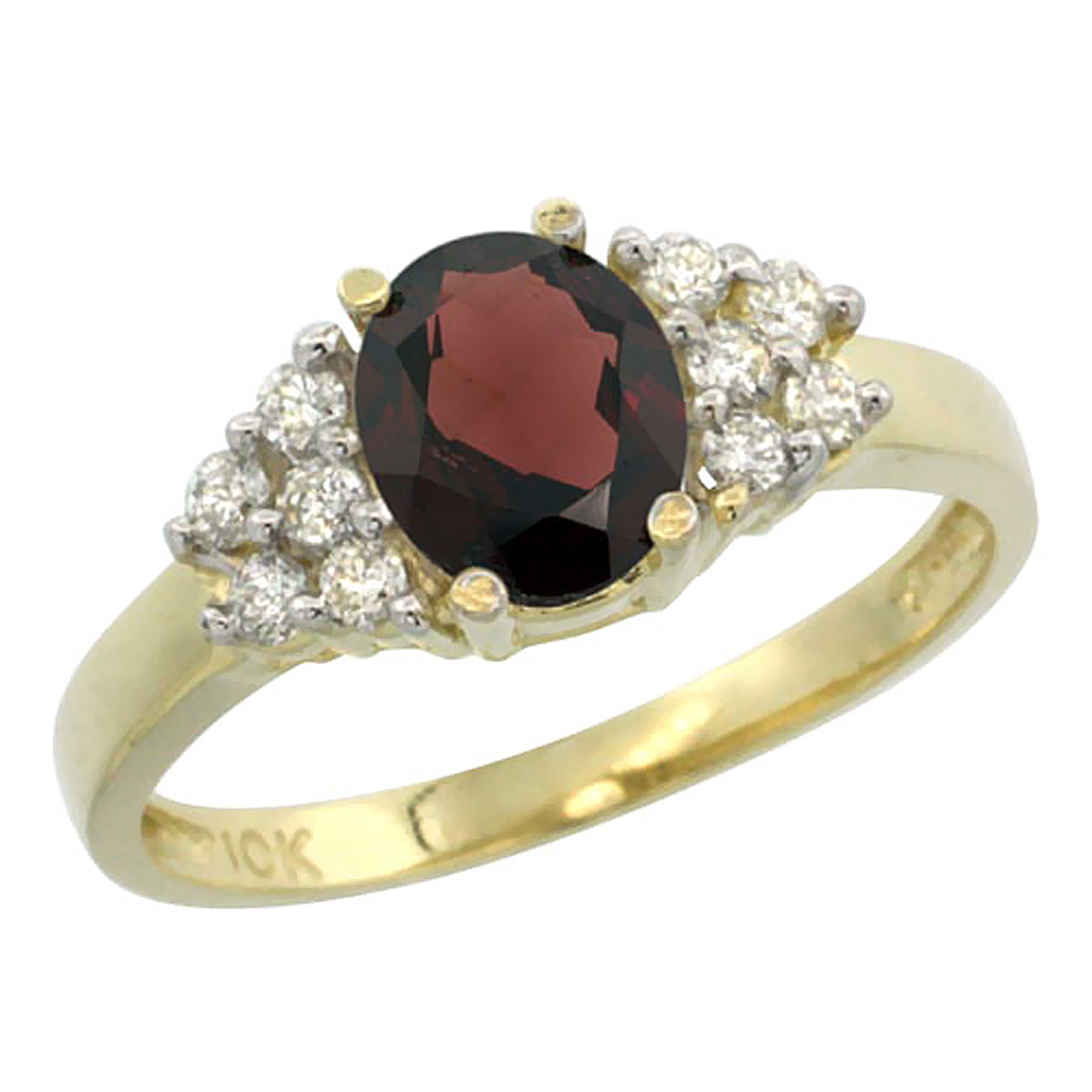 14K Yellow Gold Natural Garnet Ring Oval 8x6mm Diamond Accent, sizes 5-10