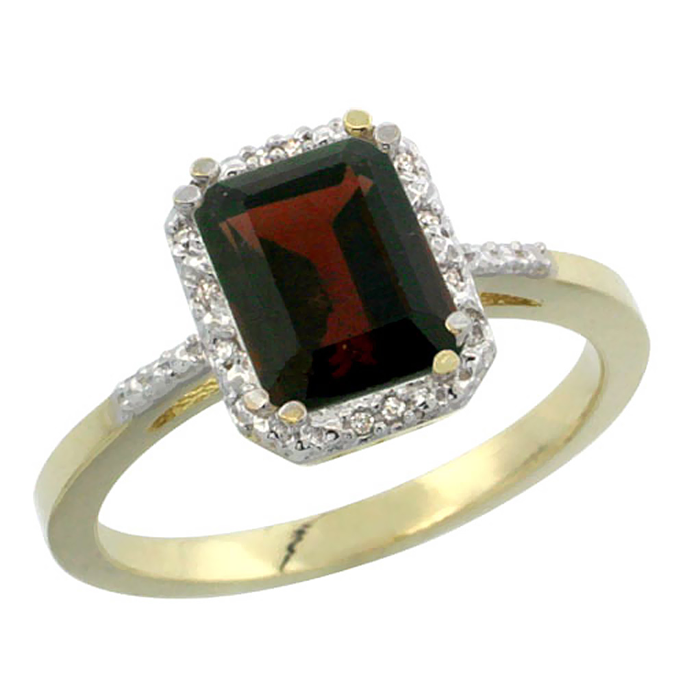 14K Yellow Gold Natural Garnet Ring Emerald-shape 8x6mm Diamond Accent, sizes 5-10