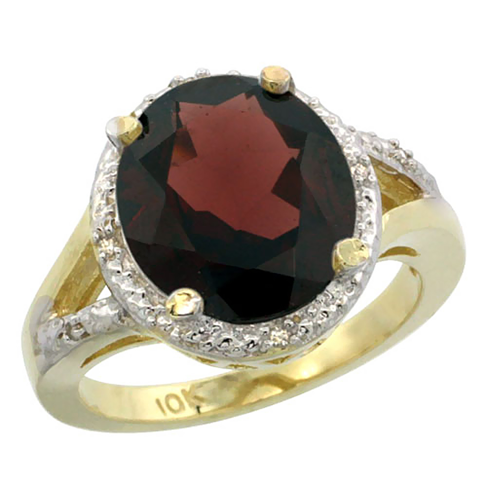 10K Yellow Gold Natural Garnet Ring Oval 12x10mm Diamond Accent, sizes 5-10