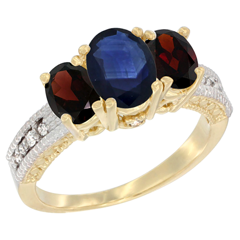 14K Yellow Gold Diamond Natural Blue Sapphire Ring Oval 3-stone with Garnet, sizes 5 - 10