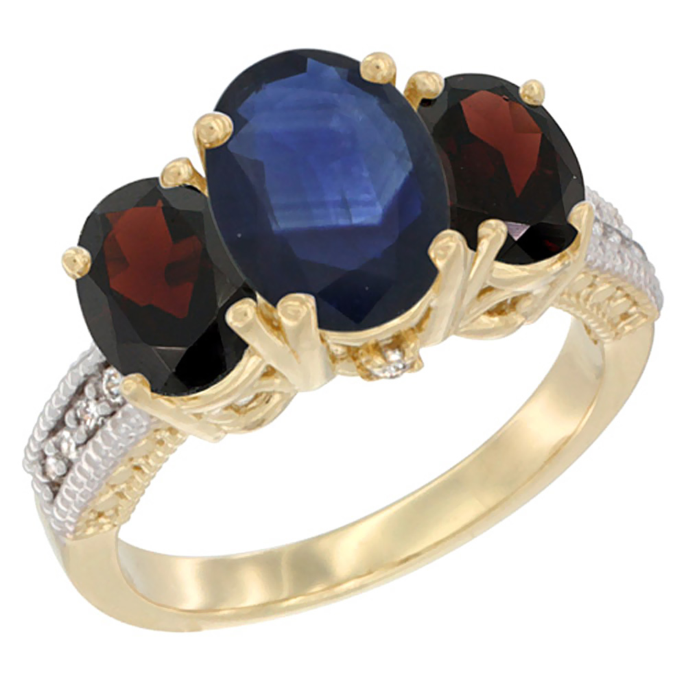 14K Yellow Gold Diamond Natural Quality Blue Sapphire 3-stone Mothers Ring Oval 8x6mm with Garnet, sz5-10