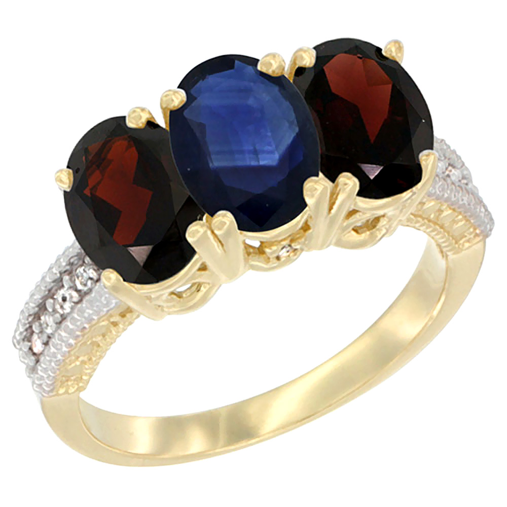 14K Yellow Gold Natural Blue Sapphire & Garnet Sides Ring 3-Stone 7x5 mm Oval Diamond Accent, sizes 5 - 10