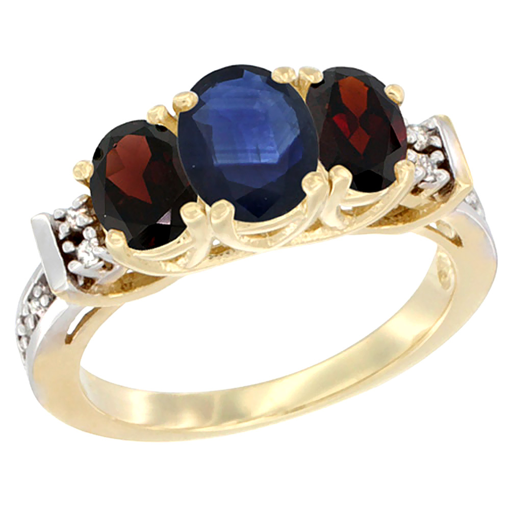 10K Yellow Gold Natural Blue Sapphire & Garnet Ring 3-Stone Oval Diamond Accent