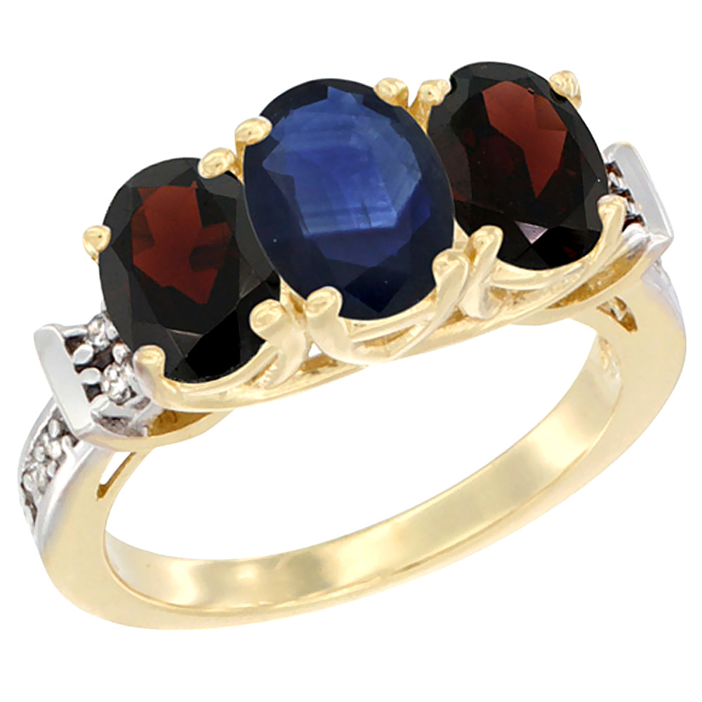10K Yellow Gold Natural Blue Sapphire & Garnet Sides Ring 3-Stone Oval Diamond Accent, sizes 5 - 10