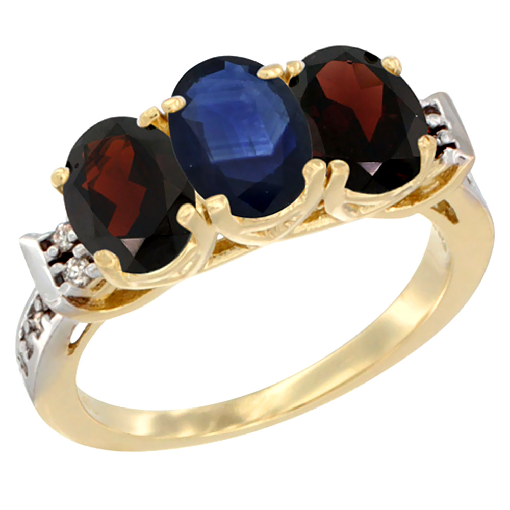 10K Yellow Gold Natural Blue Sapphire & Garnet Sides Ring 3-Stone Oval 7x5 mm Diamond Accent, sizes 5 - 10