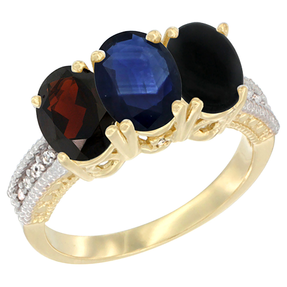 10K Yellow Gold Diamond Natural Garnet, Blue Sapphire & Black Onyx Ring 3-Stone 7x5 mm Oval, sizes 5 - 10