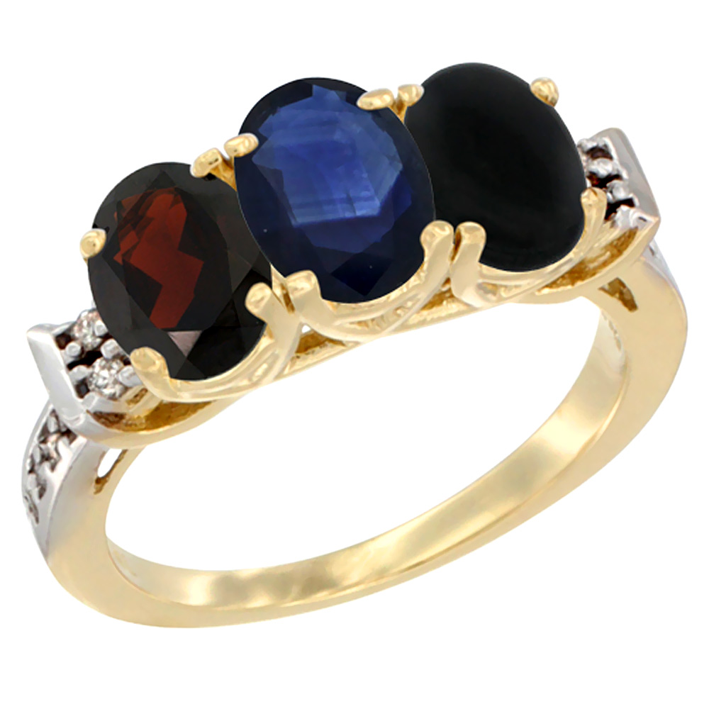 10K Yellow Gold Natural Garnet, Blue Sapphire & Black Onyx Ring 3-Stone Oval 7x5 mm Diamond Accent, sizes 5 - 10
