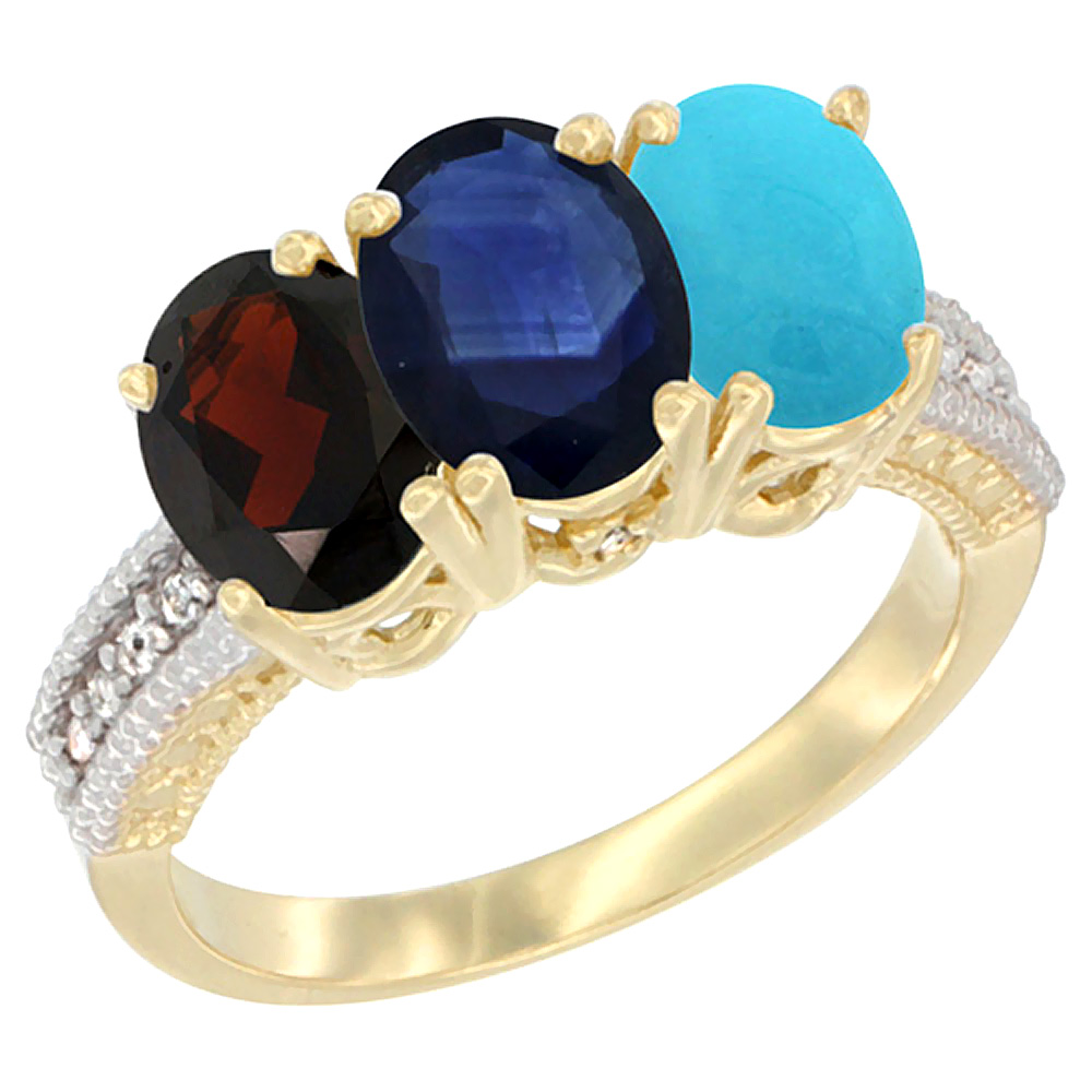 14K Yellow Gold Natural Garnet, Blue Sapphire &amp; Turquoise Ring 3-Stone 7x5 mm Oval Diamond Accent, sizes 5 - 10