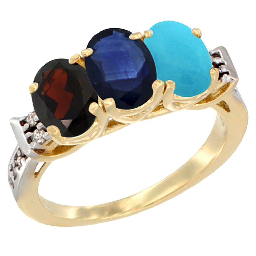 10K Yellow Gold Natural Garnet, Blue Sapphire & Turquoise Ring 3-Stone Oval 7x5 mm Diamond Accent, sizes 5 - 10