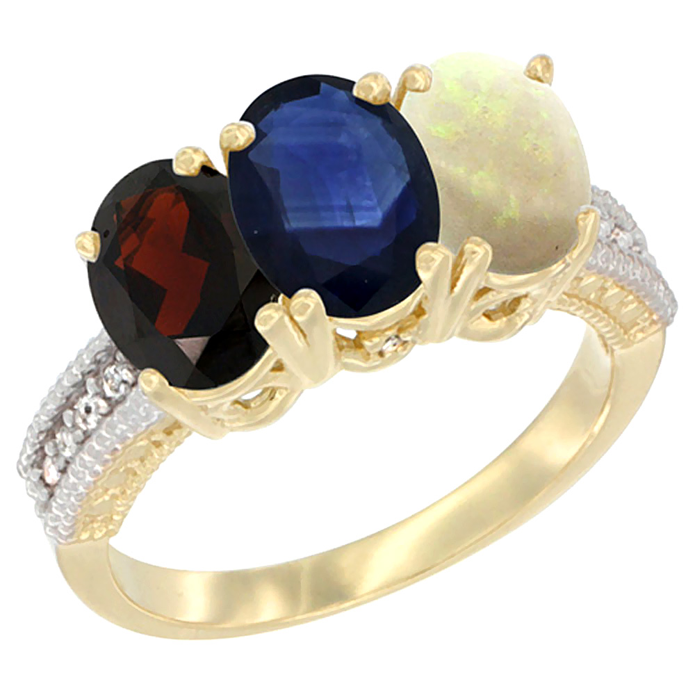 14K Yellow Gold Natural Garnet, Blue Sapphire & Opal Ring 3-Stone 7x5 mm Oval Diamond Accent, sizes 5 - 10