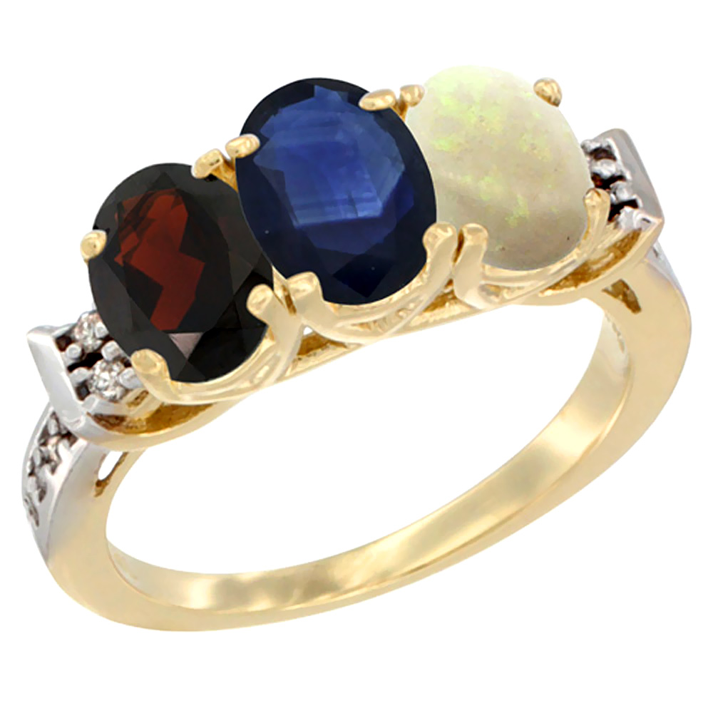 14K Yellow Gold Natural Garnet, Blue Sapphire &amp; Opal Ring 3-Stone 7x5 mm Oval Diamond Accent, sizes 5 - 10