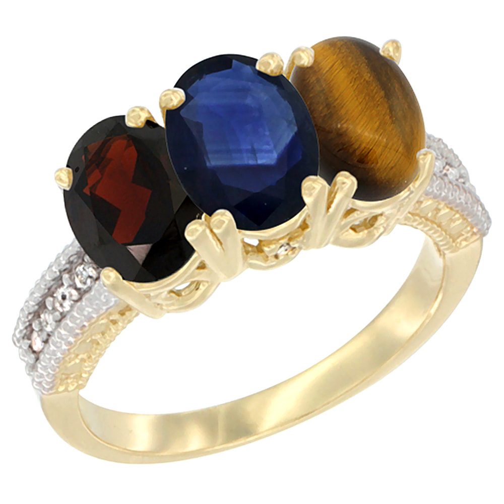 14K Yellow Gold Natural Garnet, Blue Sapphire &amp; Tiger Eye Ring 3-Stone 7x5 mm Oval Diamond Accent, sizes 5 - 10