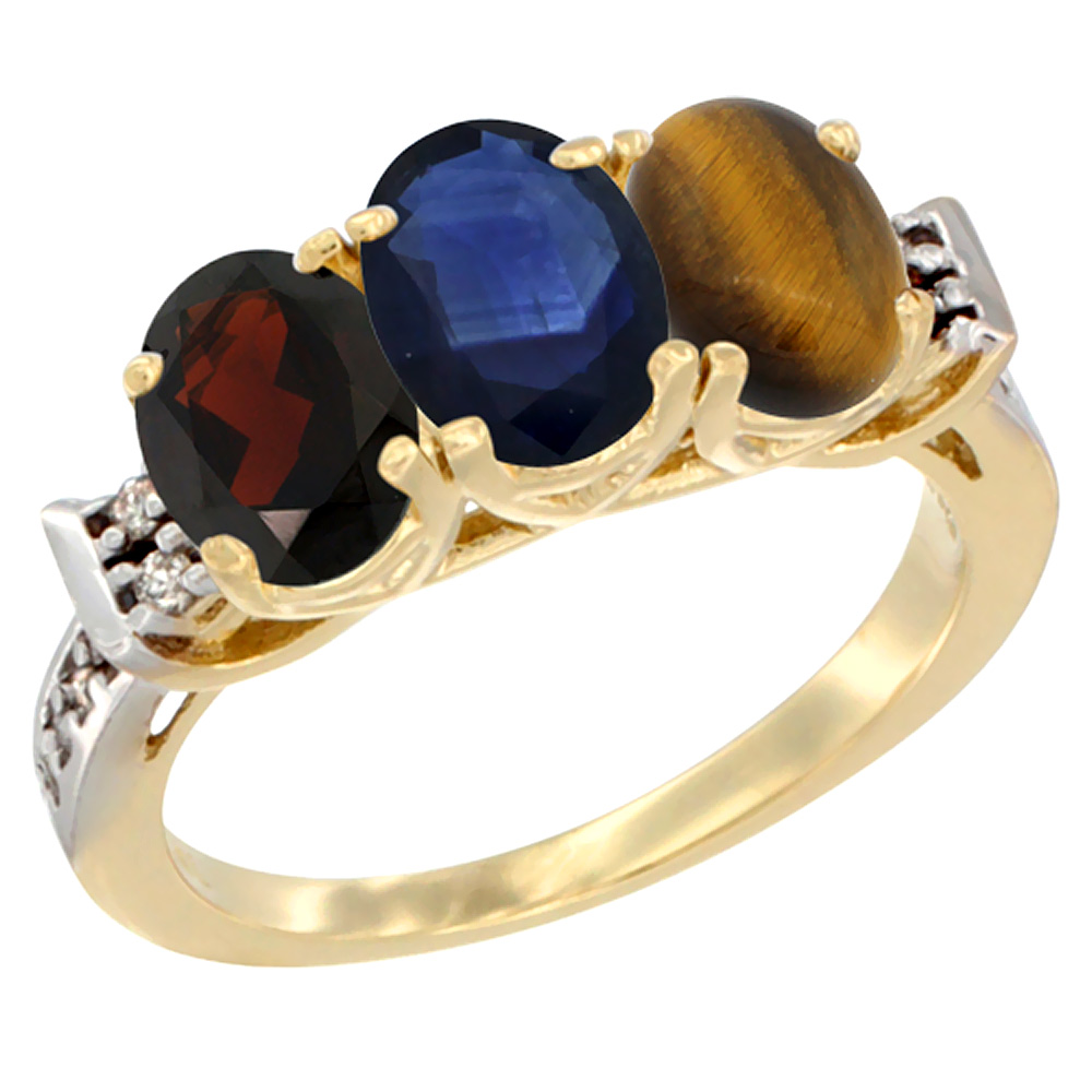 14K Yellow Gold Natural Garnet, Blue Sapphire & Tiger Eye Ring 3-Stone 7x5 mm Oval Diamond Accent, sizes 5 - 10