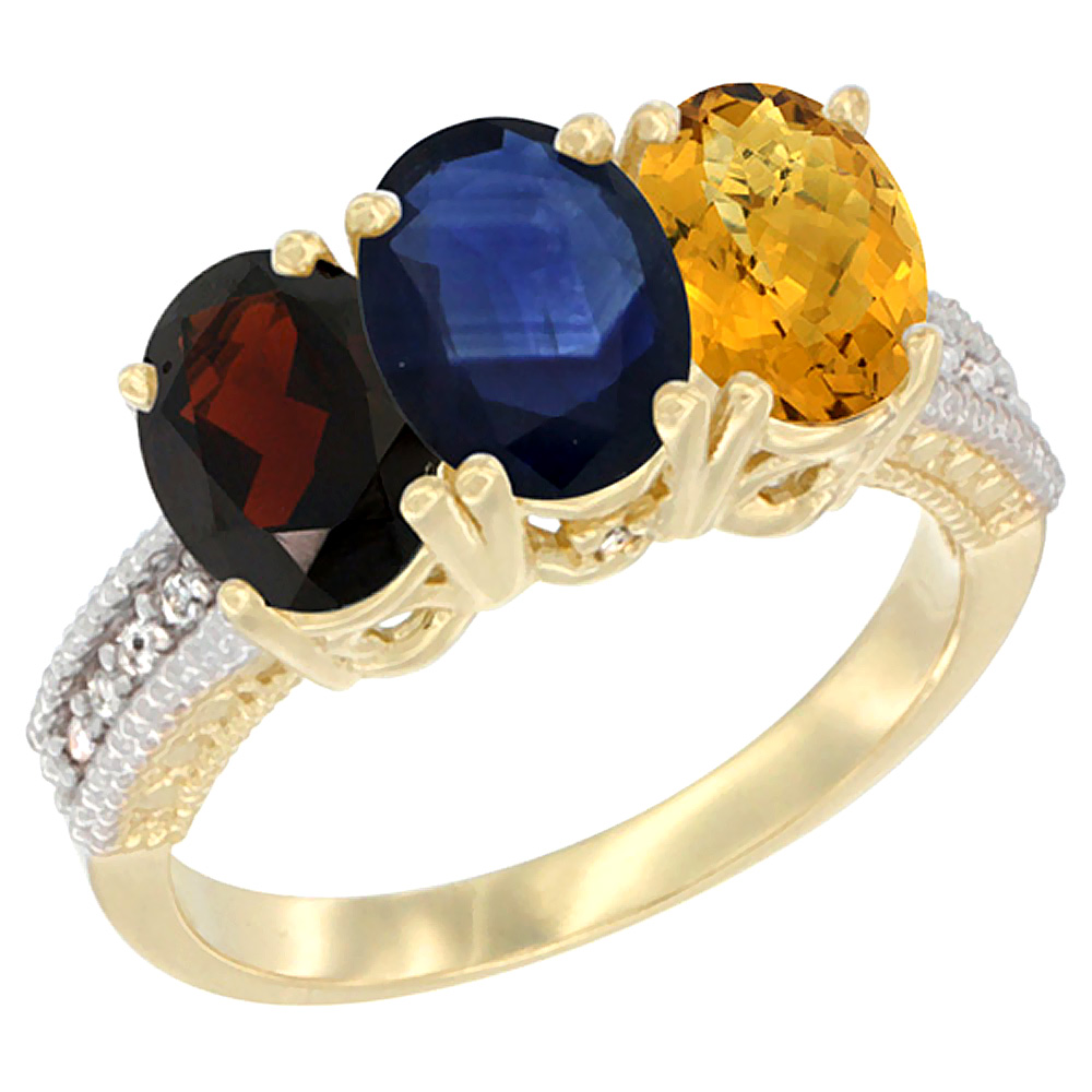 14K Yellow Gold Natural Garnet, Blue Sapphire & Whisky Quartz Ring 3-Stone 7x5 mm Oval Diamond Accent, sizes 5 - 10