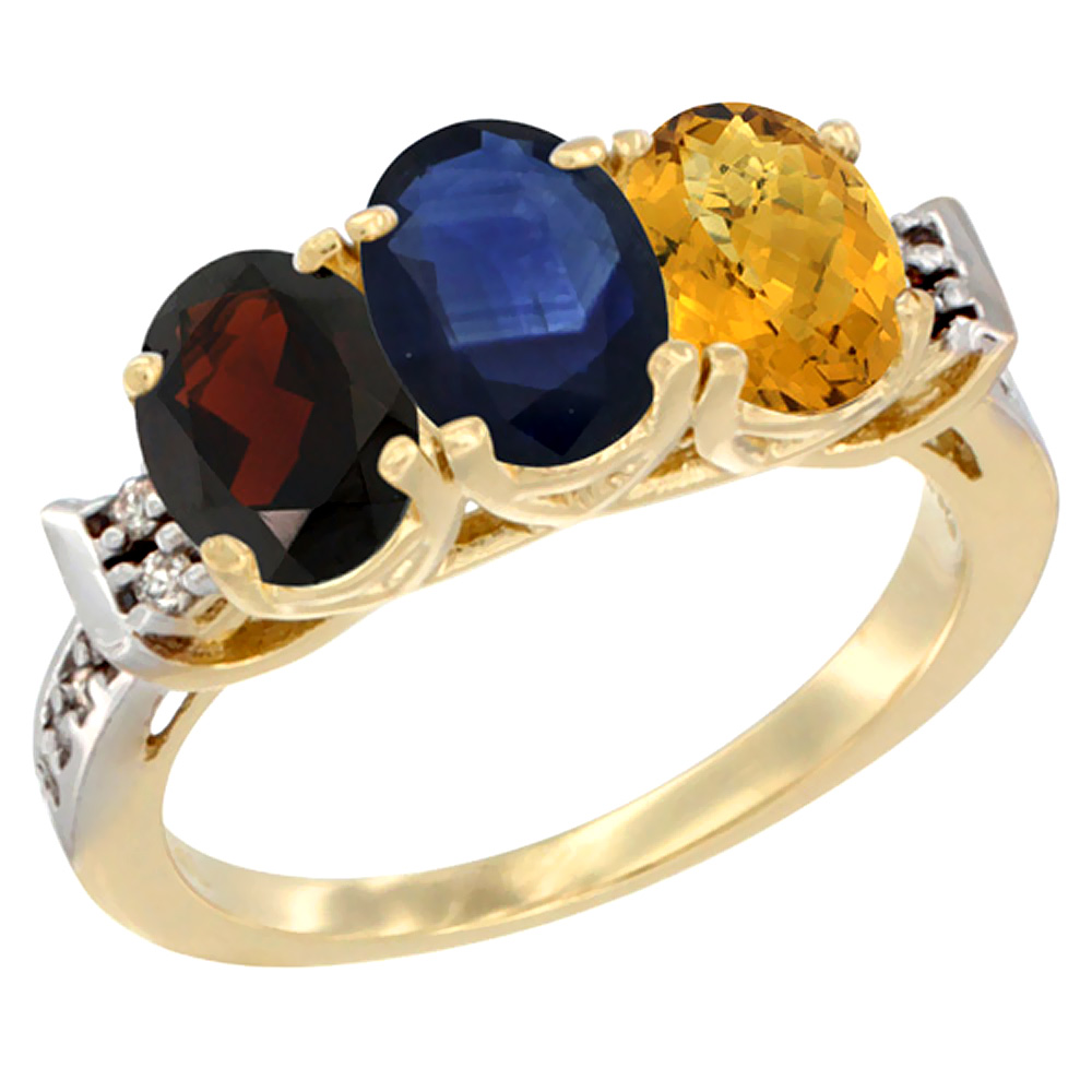 14K Yellow Gold Natural Garnet, Blue Sapphire &amp; Whisky Quartz Ring 3-Stone 7x5 mm Oval Diamond Accent, sizes 5 - 10