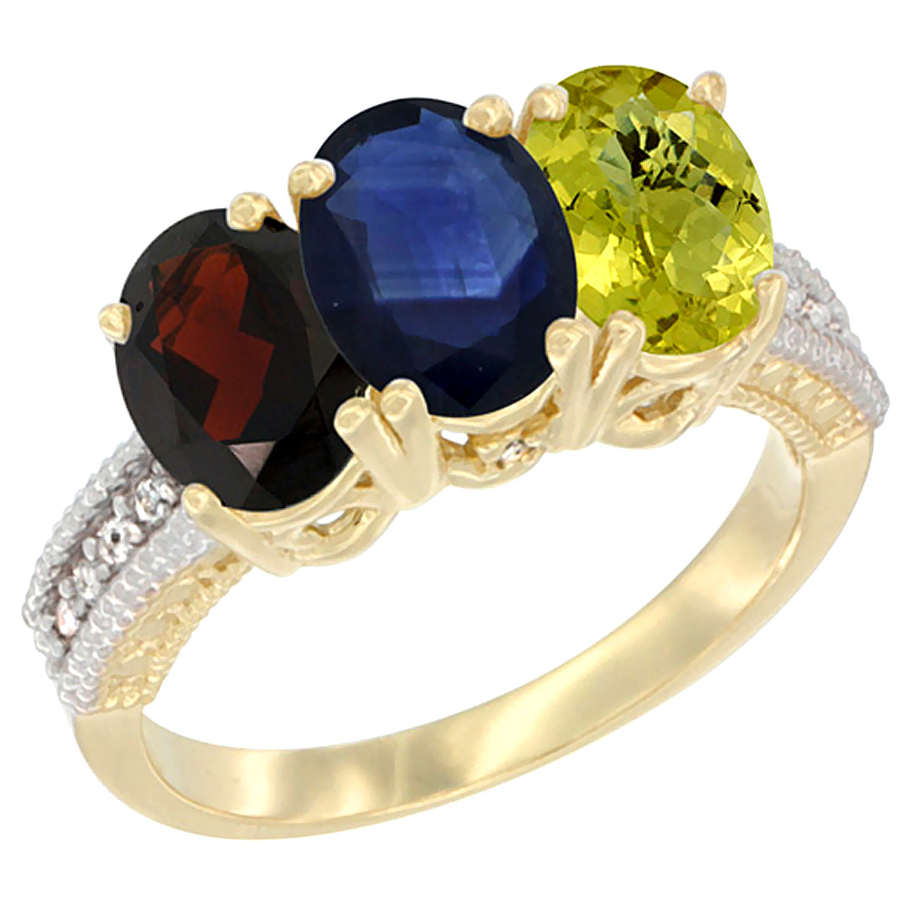 14K Yellow Gold Natural Garnet, Blue Sapphire & Lemon Quartz Ring 3-Stone 7x5 mm Oval Diamond Accent, sizes 5 - 10