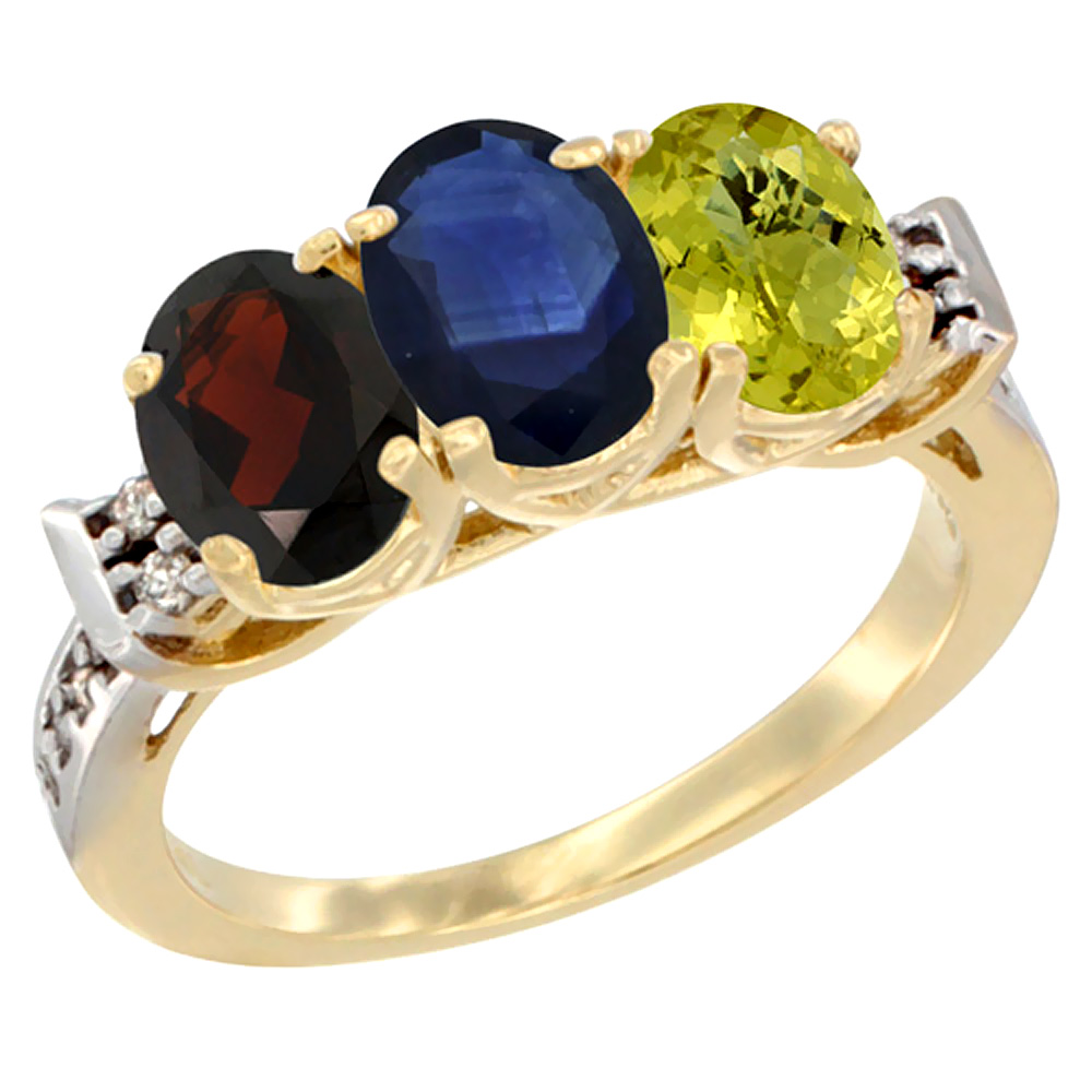 10K Yellow Gold Natural Garnet, Blue Sapphire & Lemon Quartz Ring 3-Stone Oval 7x5 mm Diamond Accent, sizes 5 - 10