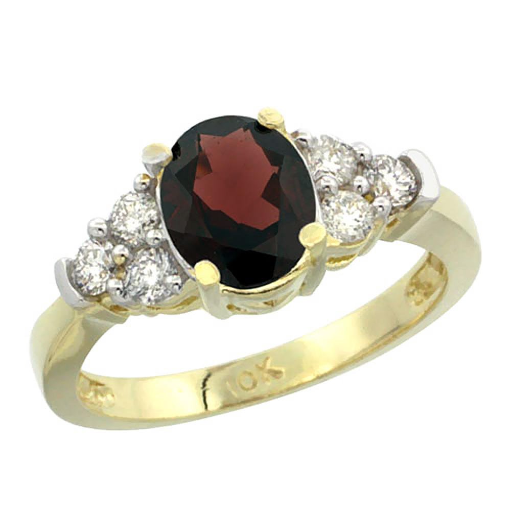 10K Yellow Gold Natural Garnet Ring Oval 9x7mm Diamond Accent, sizes 5-10