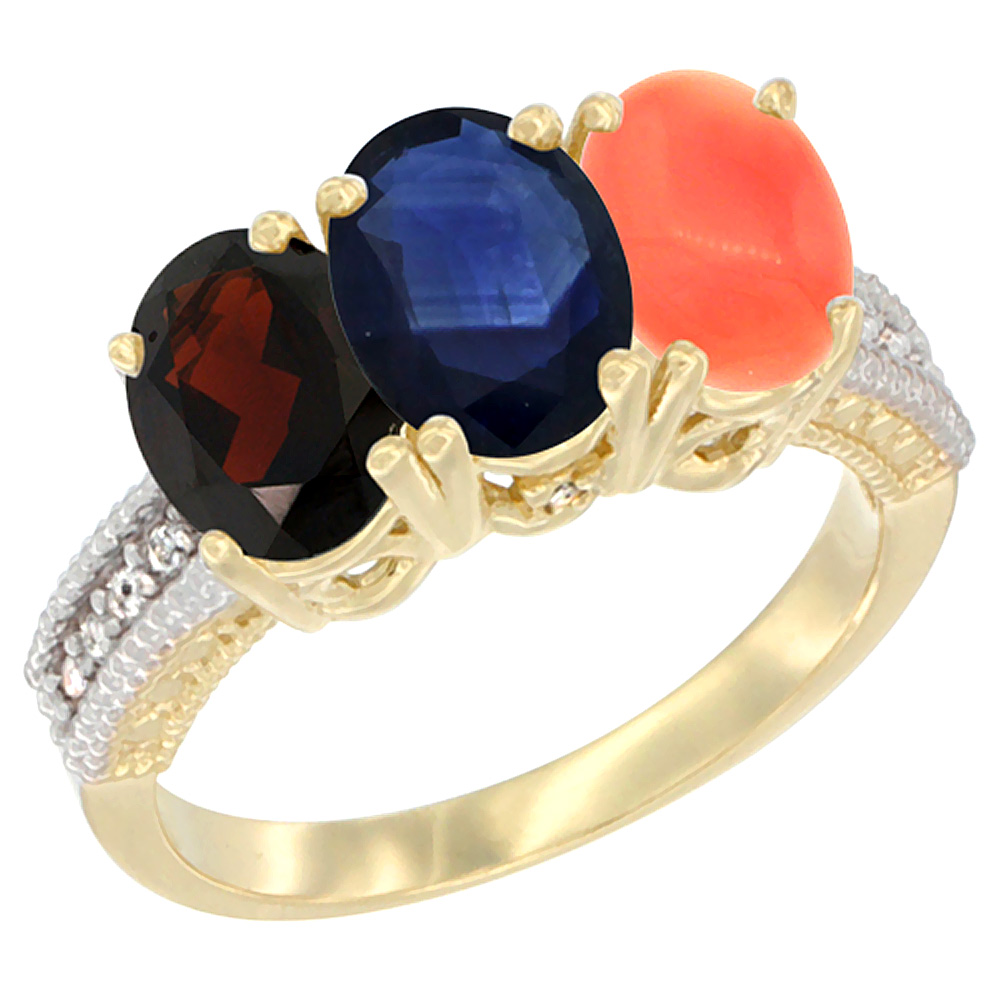 14K Yellow Gold Natural Garnet, Blue Sapphire & Coral Ring 3-Stone 7x5 mm Oval Diamond Accent, sizes 5 - 10