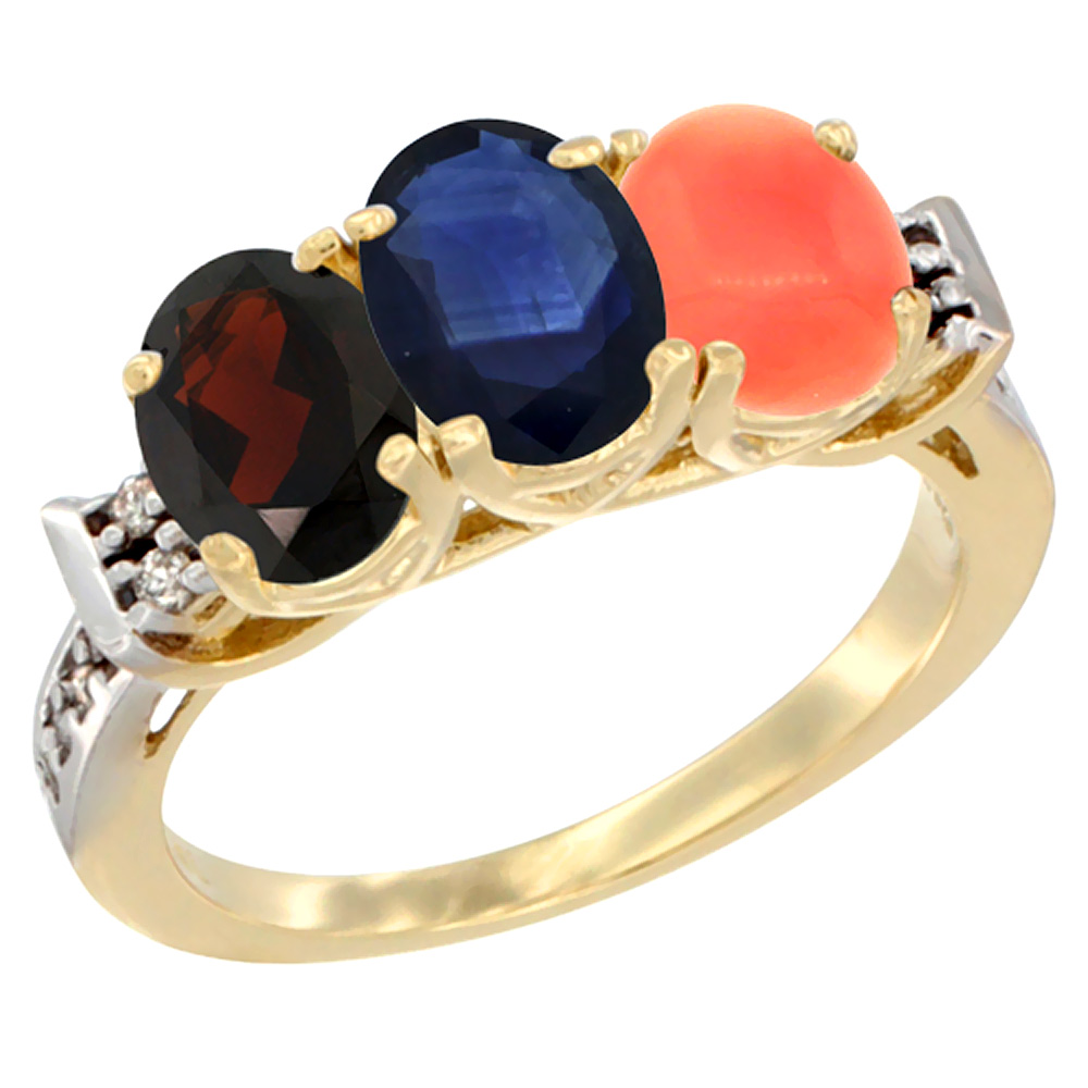 14K Yellow Gold Natural Garnet, Blue Sapphire &amp; Coral Ring 3-Stone 7x5 mm Oval Diamond Accent, sizes 5 - 10