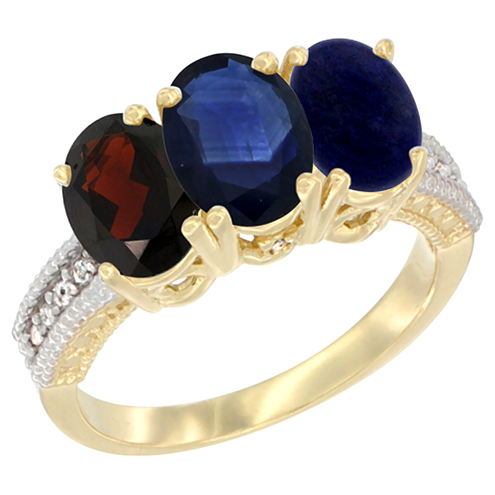 14K Yellow Gold Natural Garnet, Blue Sapphire & Lapis Ring 3-Stone 7x5 mm Oval Diamond Accent, sizes 5 - 10