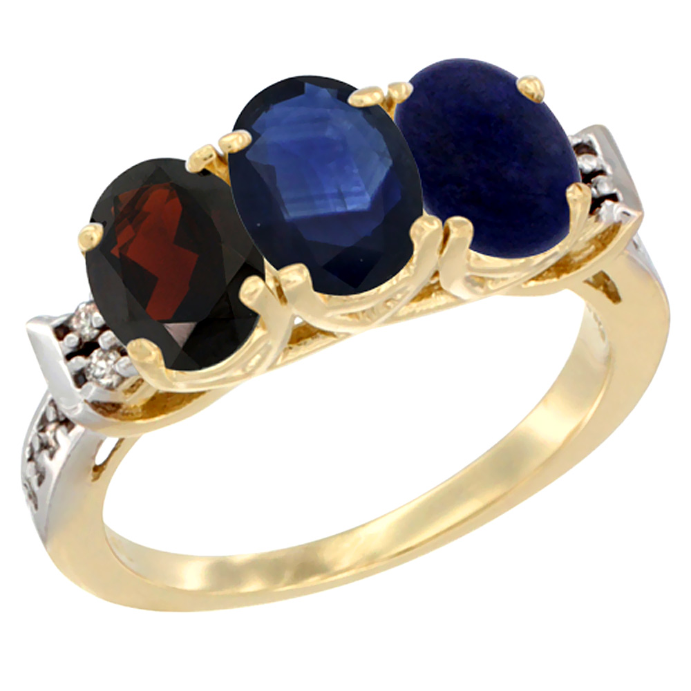 10K Yellow Gold Natural Garnet, Blue Sapphire &amp; Lapis Ring 3-Stone Oval 7x5 mm Diamond Accent, sizes 5 - 10