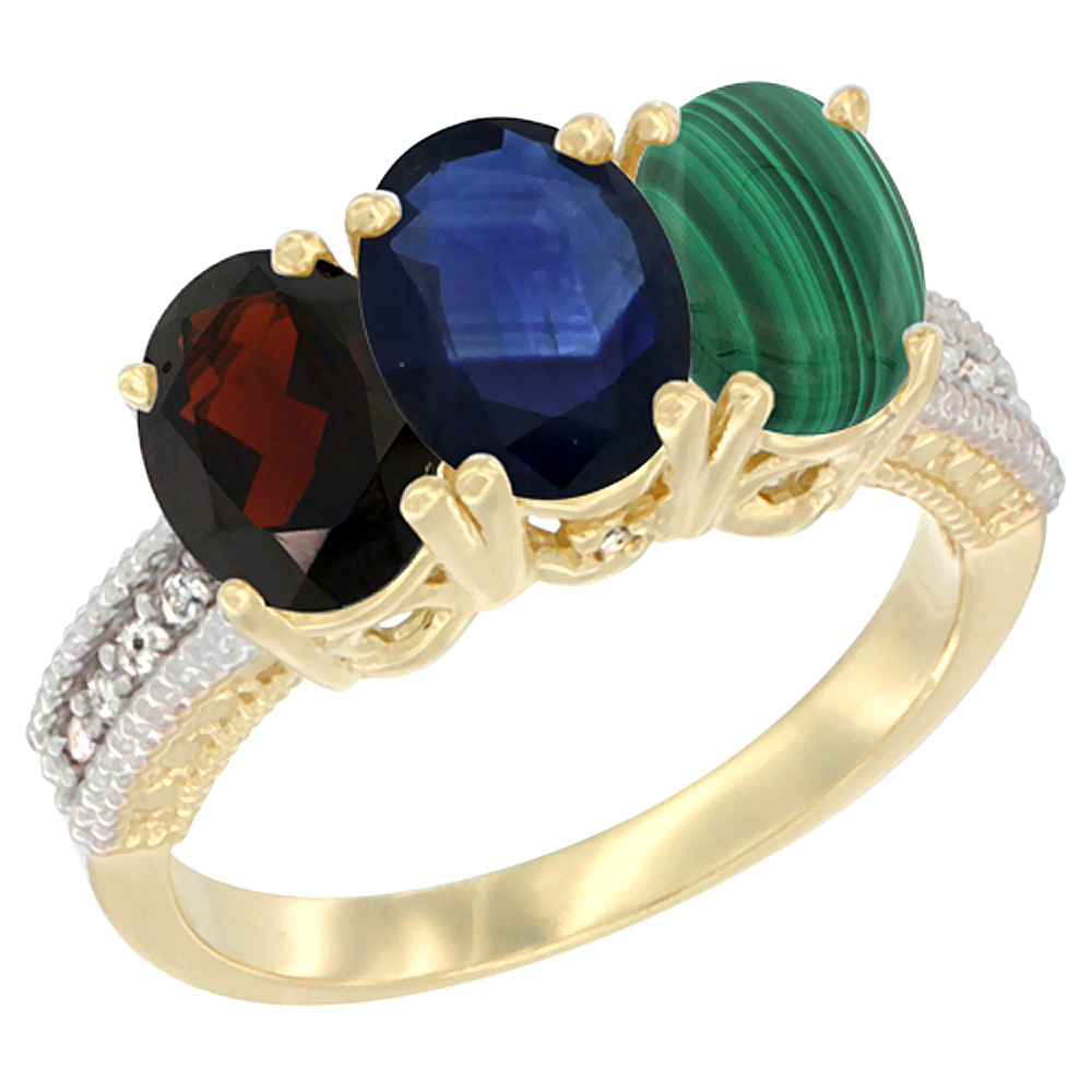 10K Yellow Gold Diamond Natural Garnet, Blue Sapphire & Malachite Ring 3-Stone 7x5 mm Oval, sizes 5 - 10