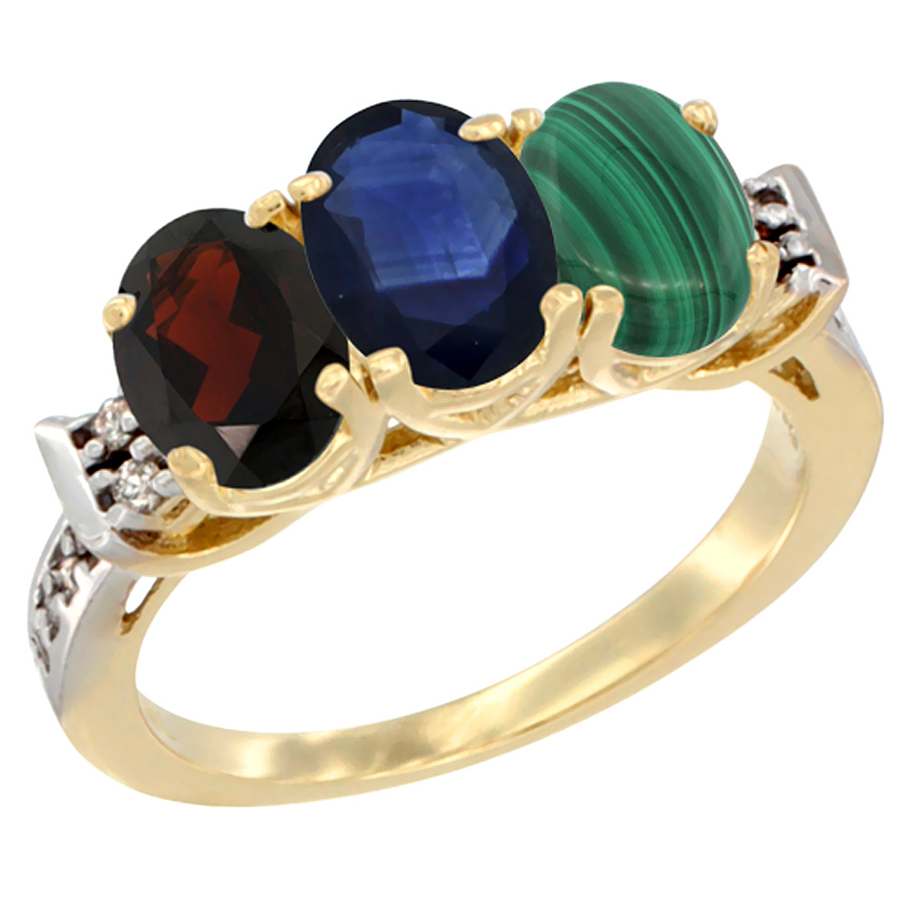 10K Yellow Gold Natural Garnet, Blue Sapphire & Malachite Ring 3-Stone Oval 7x5 mm Diamond Accent, sizes 5 - 10