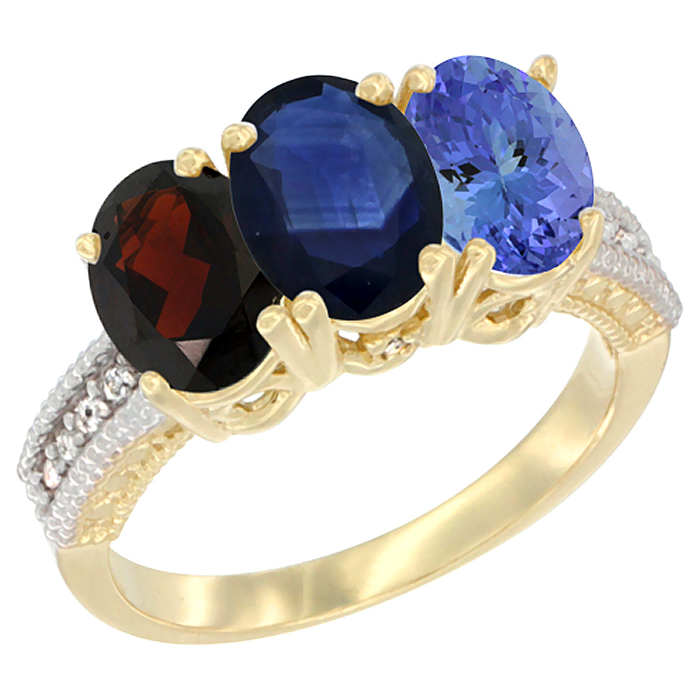 14K Yellow Gold Natural Garnet, Blue Sapphire & Tanzanite Ring 3-Stone 7x5 mm Oval Diamond Accent, sizes 5 - 10