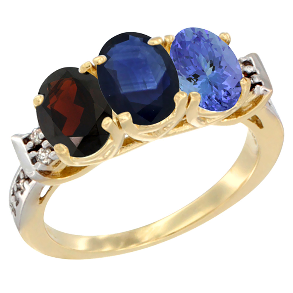 14K Yellow Gold Natural Garnet, Blue Sapphire &amp; Tanzanite Ring 3-Stone 7x5 mm Oval Diamond Accent, sizes 5 - 10