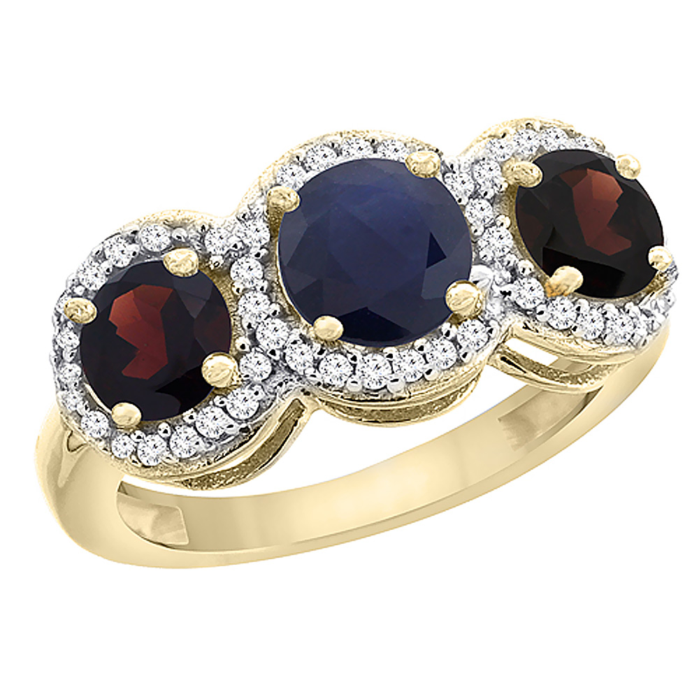 14K Yellow Gold Natural High Quality Blue Sapphire &amp; Garnet Sides Round 3-stone Ring Diamond Accents, sizes 5 - 10
