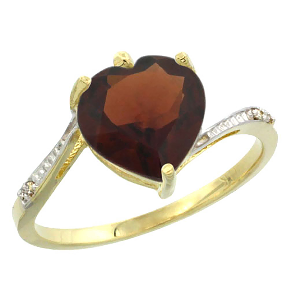 10K Yellow Gold Natural Garnet Ring Heart 9x9mm Diamond Accent, sizes 5-10