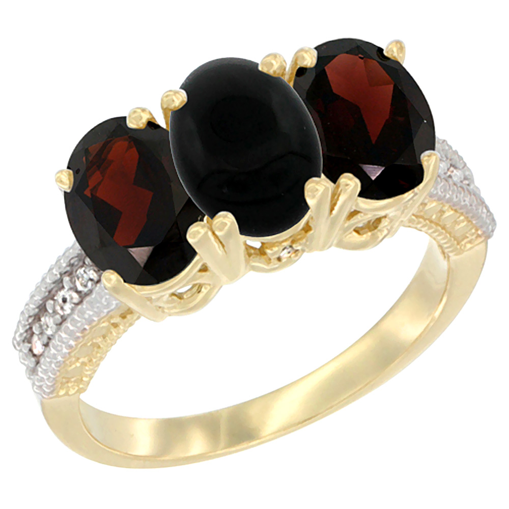 14K Yellow Gold Natural Black Onyx & Garnet Sides Ring 3-Stone 7x5 mm Oval Diamond Accent, sizes 5 - 10