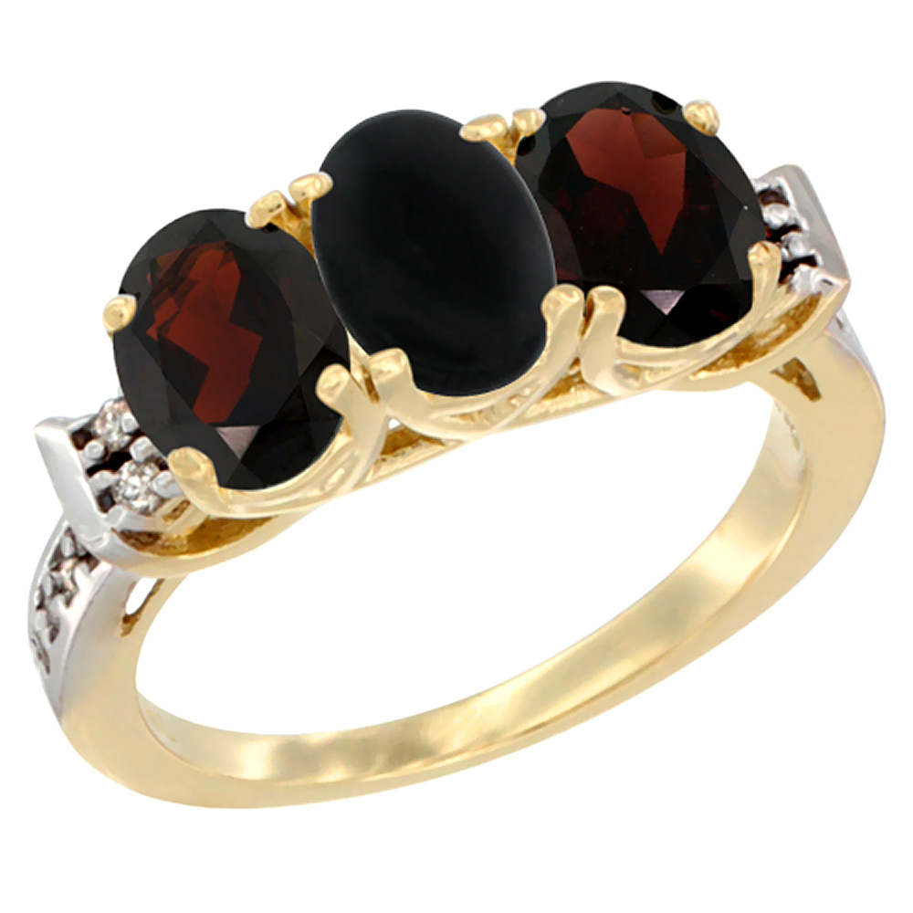 10K Yellow Gold Natural Black Onyx & Garnet Sides Ring 3-Stone Oval 7x5 mm Diamond Accent, sizes 5 - 10