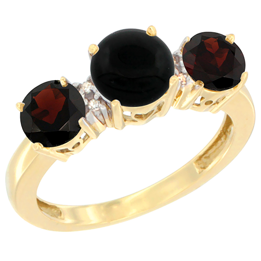 10K Yellow Gold Round 3-Stone Natural Black Onyx Ring &amp; Garnet Sides Diamond Accent, sizes 5 - 10