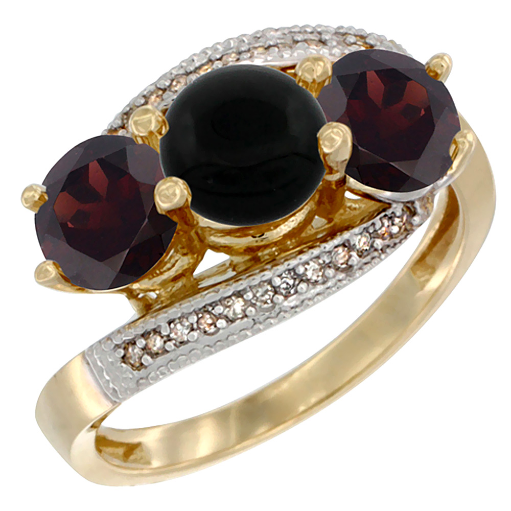14K Yellow Gold Natural Black Onyx & Garnet Sides 3 stone Ring Round 6mm Diamond Accent, sizes 5 - 10