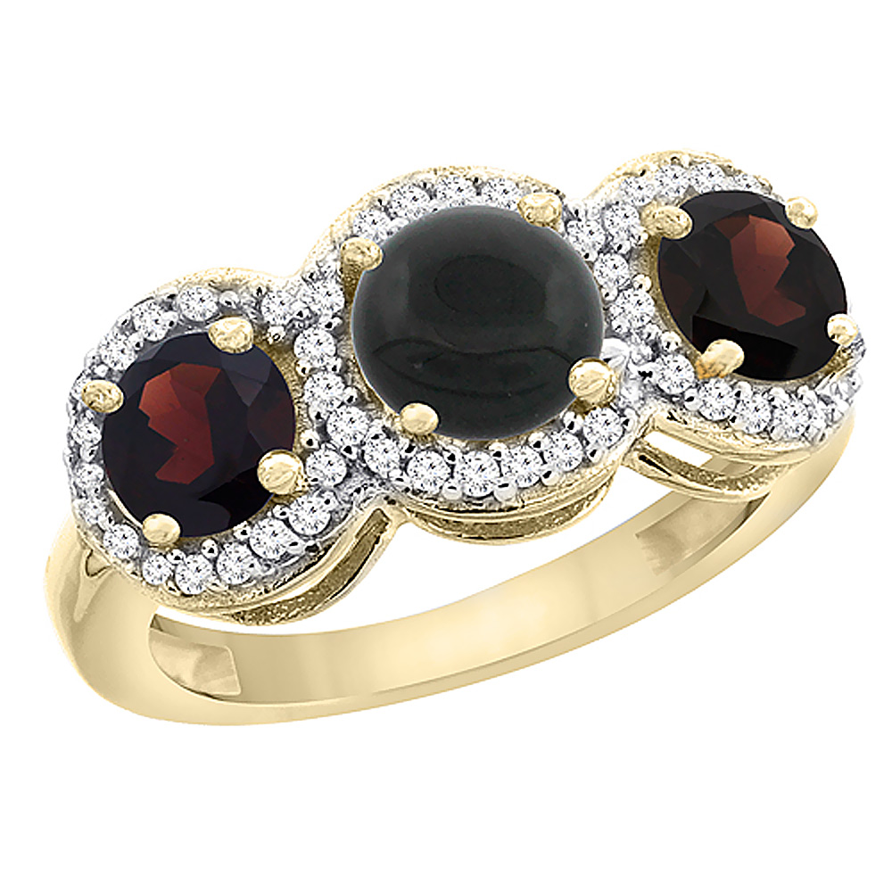 14K Yellow Gold Natural Black Onyx & Garnet Sides Round 3-stone Ring Diamond Accents, sizes 5 - 10