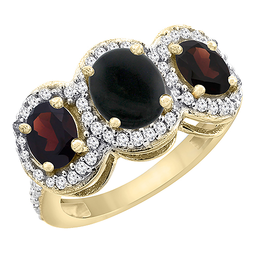 14K Yellow Gold Natural Black Onyx & Garnet 3-Stone Ring Oval Diamond Accent, sizes 5 - 10