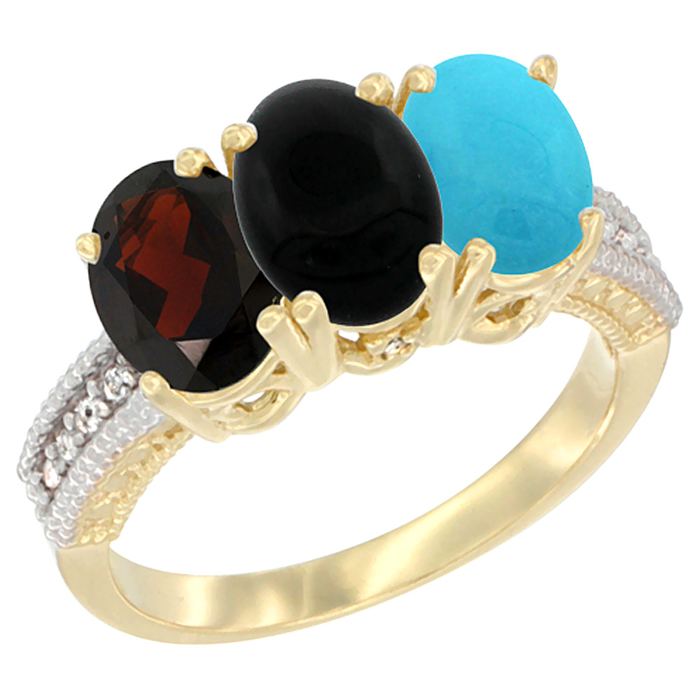 10K Yellow Gold Diamond Natural Garnet, Black Onyx & Turquoise Ring 3-Stone 7x5 mm Oval, sizes 5 - 10