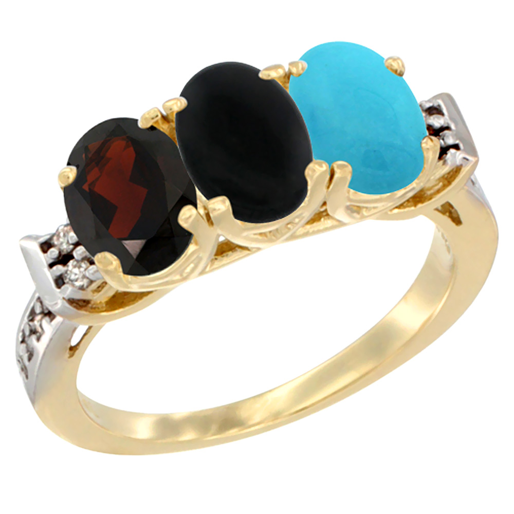 10K Yellow Gold Natural Garnet, Black Onyx & Turquoise Ring 3-Stone Oval 7x5 mm Diamond Accent, sizes 5 - 10